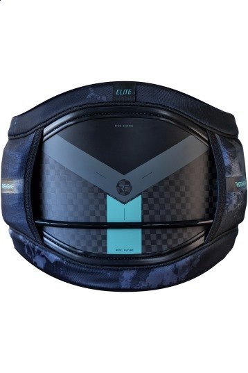 Black and blue padded waist harness with rigid central back panel